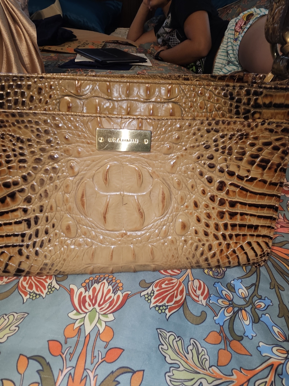 Brahmin Croc-Embossed Tan Satchel with Gold Plaque